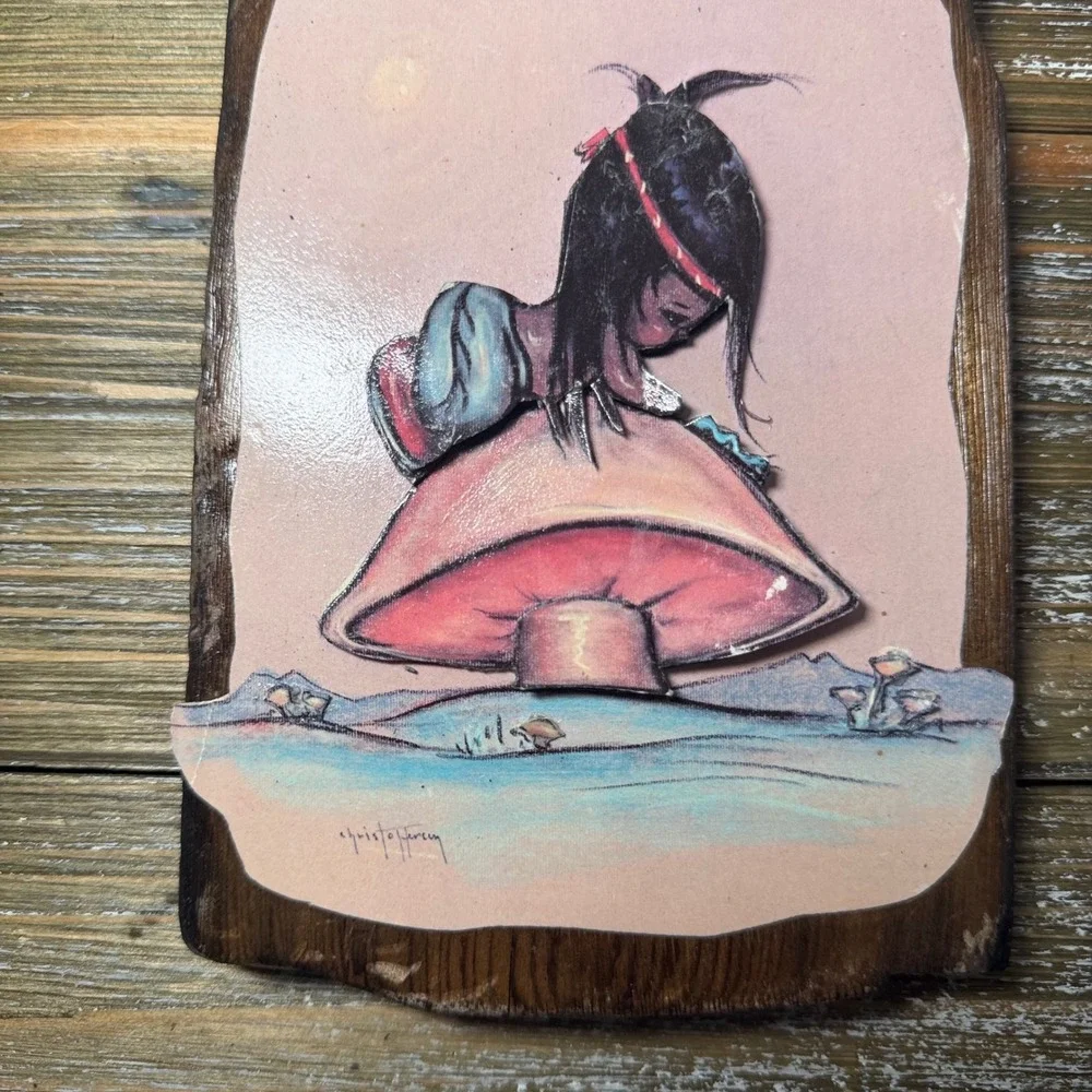 Gerda Christofferson Art Mushroom Oodie Girl Wood Plaque Cottagecore 70s Vintage